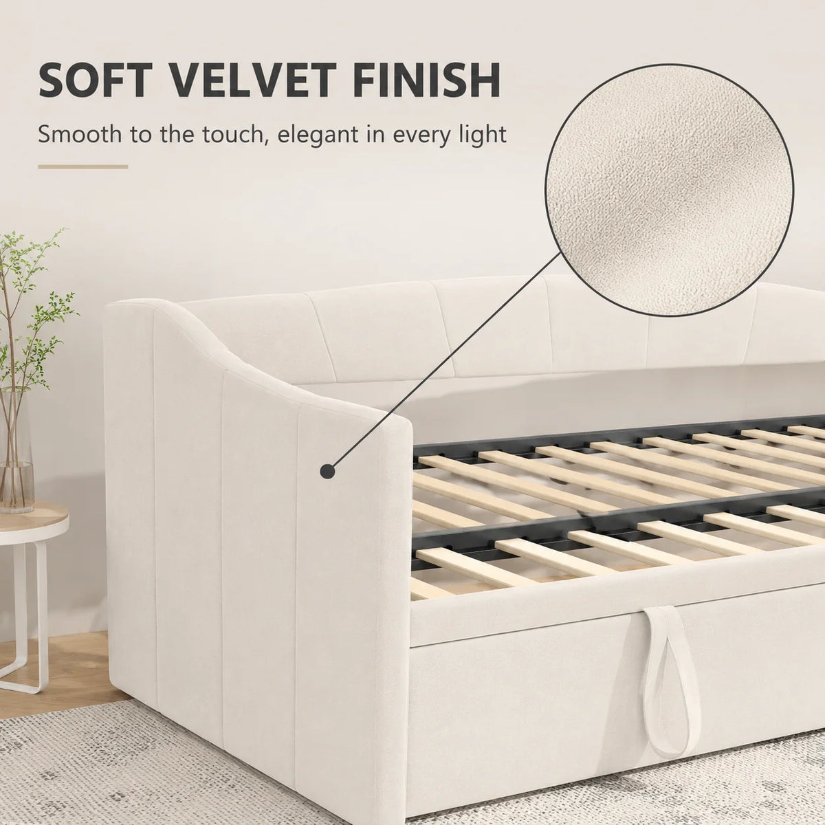 Pull-Out Daybed Sofa Bed 90 x 190cm, Beige Velvet, Guest Bed for Adults & Teens
