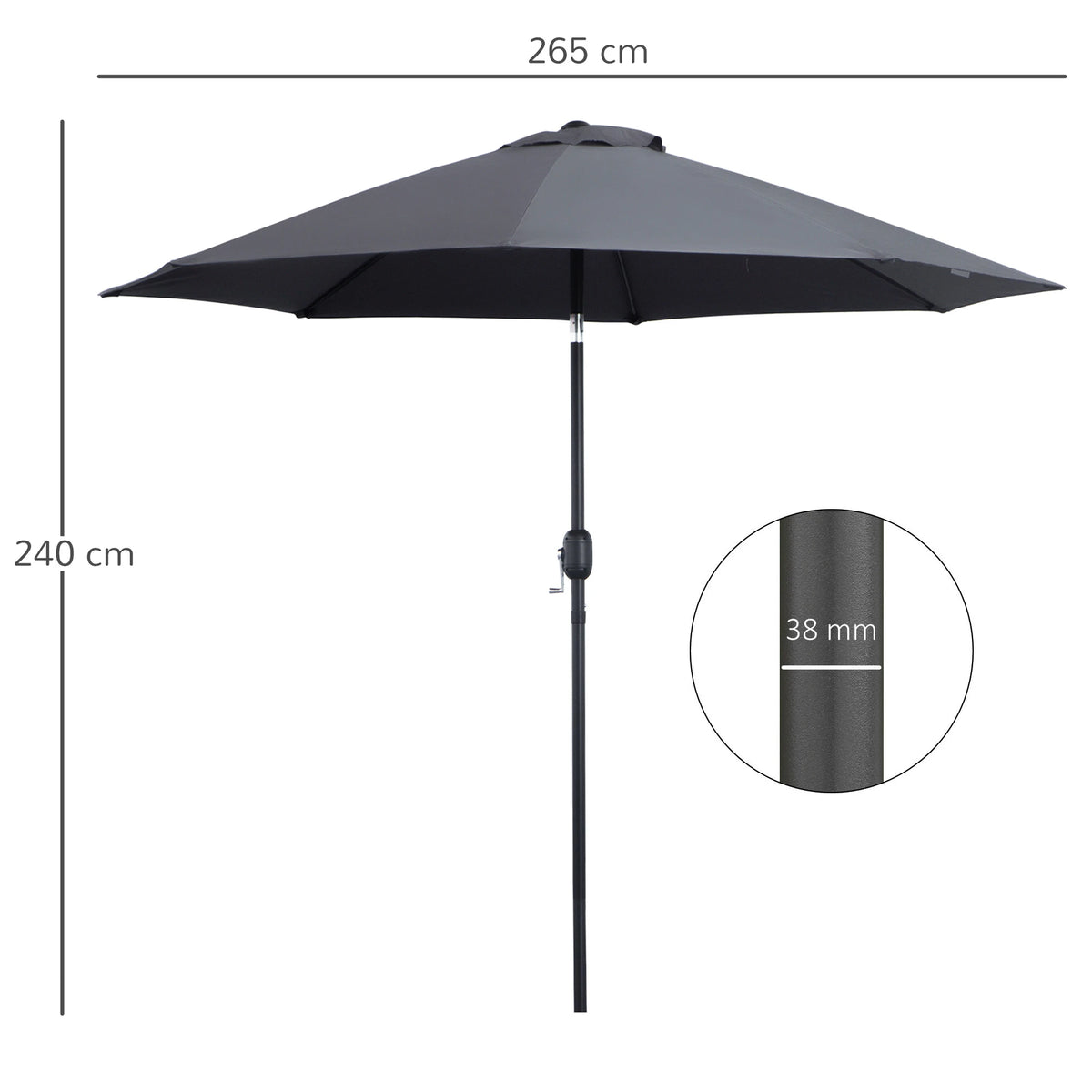 Garden Parasol, 2.7M Patio Sun Umbrella, Tilt Shade Shelter Canopy with Aluminium Frame, Charcoal Grey