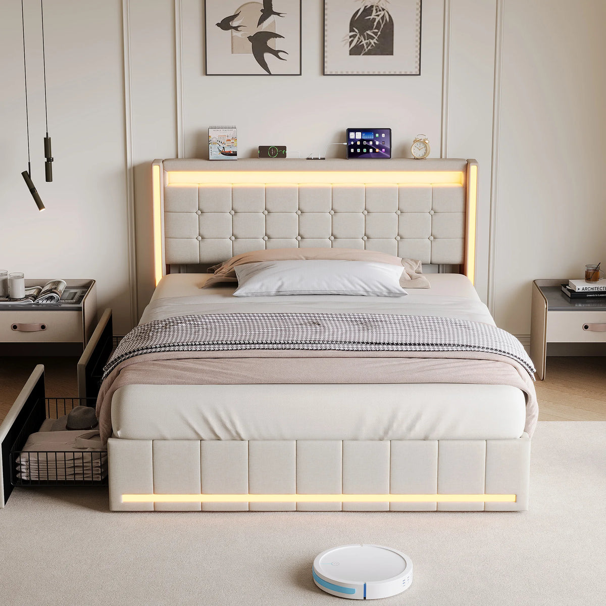 King Size Bed Frame 150x200cm with LED Lighting, 4 Storage Drawers & USB Charging, Dark Grey or Beige