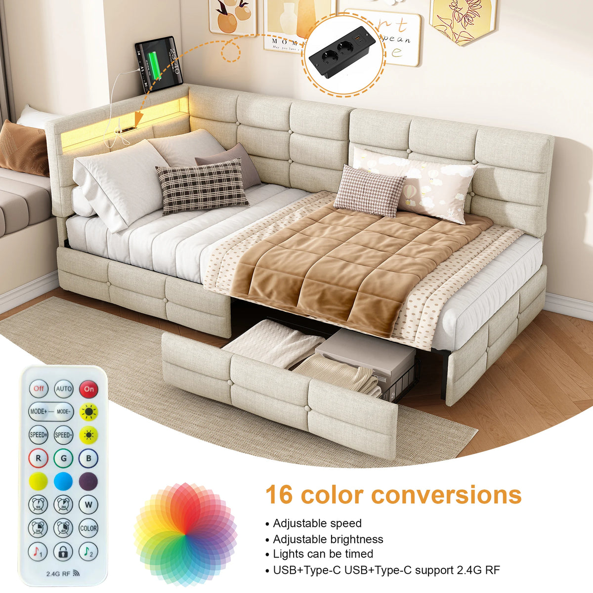 L-Shape Corner Ottoman Bed 90 x 190cm, Daybed with LED Lighting, 2 Storage Drawers & Charging Station, 3ft Upholstered Sofa Bed Frame, Linen, Beige, No Mattress