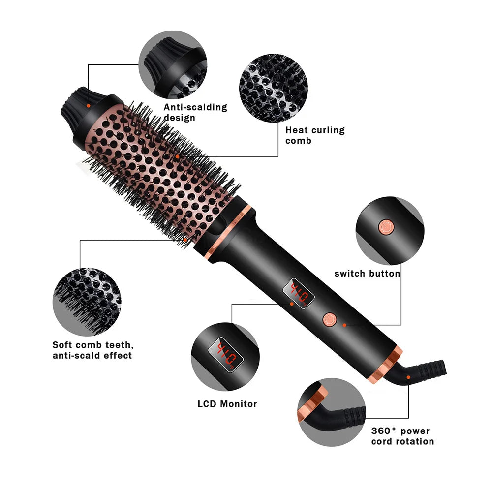 3 in 1 Hair Curler and Straightener Brush with LCD Display and Ionic Function, UK Plug, Black