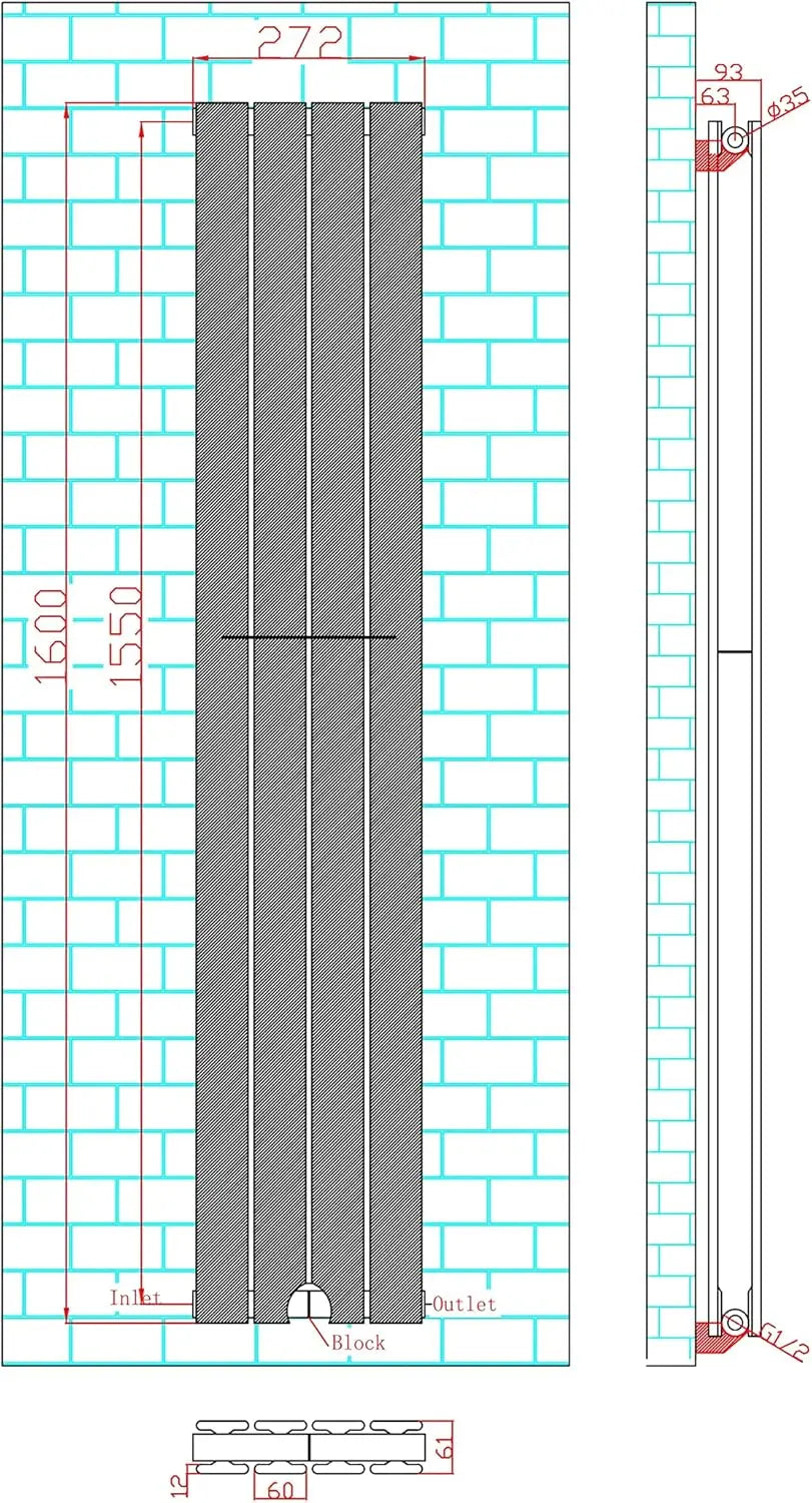 Designer Flat Panel Radiator 1600 x 272mm, Double Panel Vertical Central Heating Radiator
