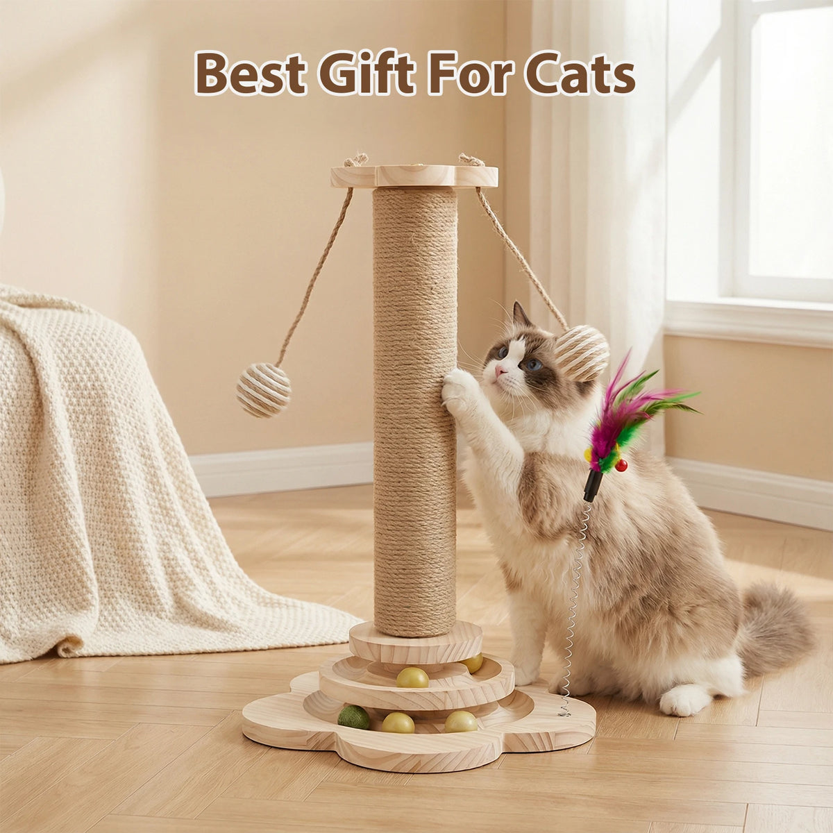 Cat Scratching Post 46cm with Natural Sisal Track Ball Spring Feather and Play Platform Pine Wood