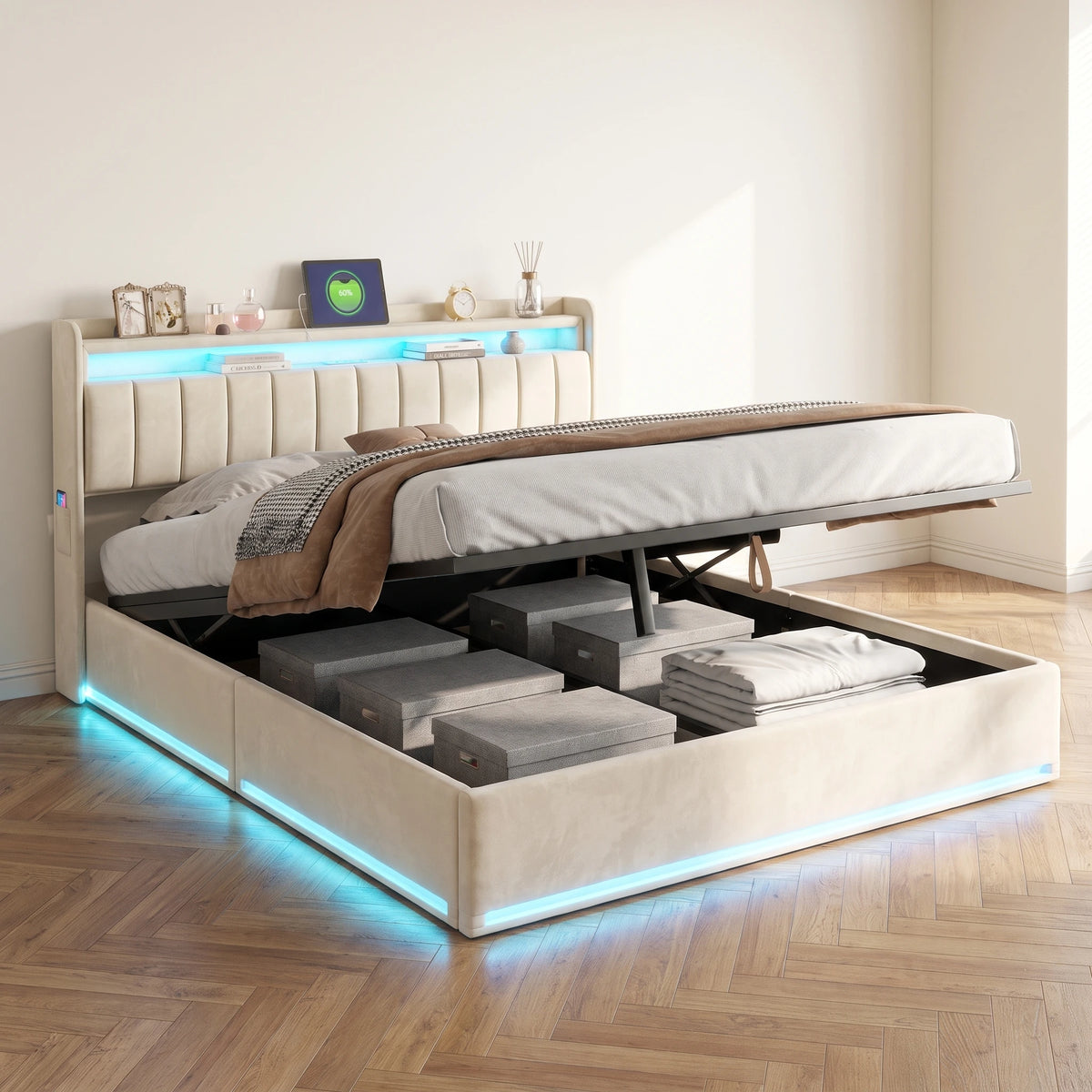 135 x 190cm Double Bed with Velvet Upholstery & Gas-Lift Ottoman Storage, Beige