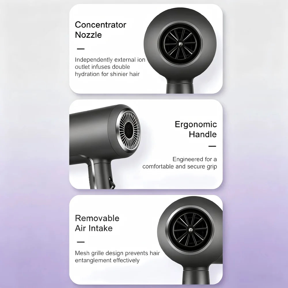 2200W Ionic Hair Dryer with Blue Light, Hot and Cold Air and Styling Nozzle, Grey