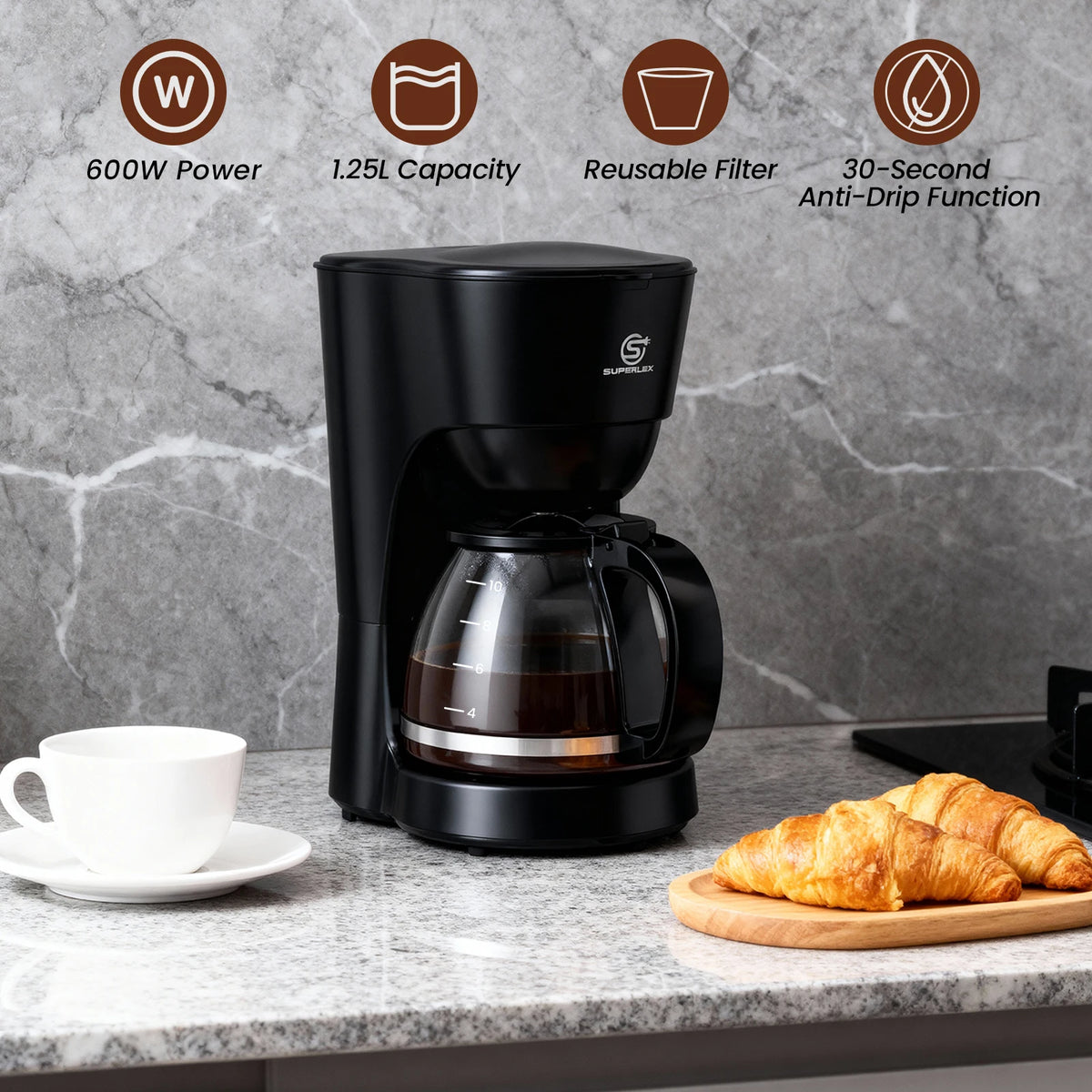 1.25L Electric Drip Coffee Maker 600W American Style with Reusable Filter Anti-Drip Function and Auto Shut-Off for Home Use