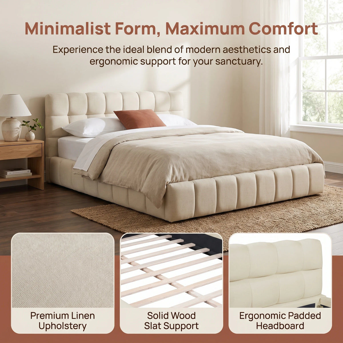 Modern Low Platform Bed Frame with Padded Headboard, Linen Beige – Single, Double & King Sizes