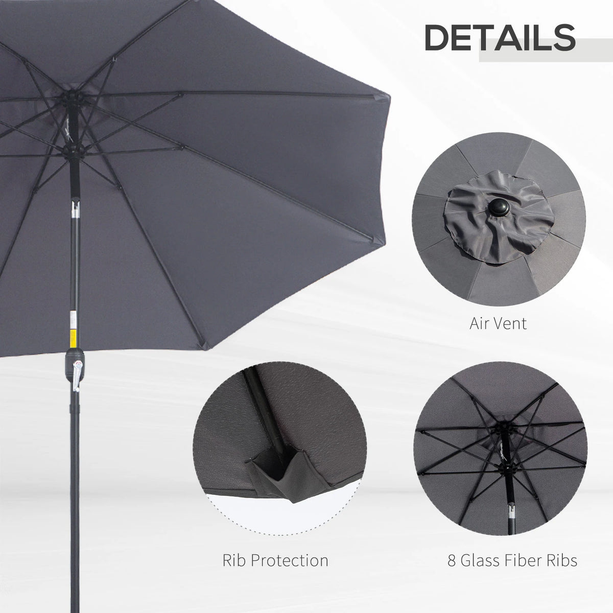 Garden Parasol, 2.7M Patio Sun Umbrella, Tilt Shade Shelter Canopy with Aluminium Frame, Charcoal Grey