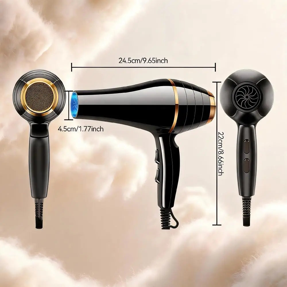 1800W Ionic Hair Dryer with 6 Speed Settings, Overheat Protection and Nozzle, Black and Gold