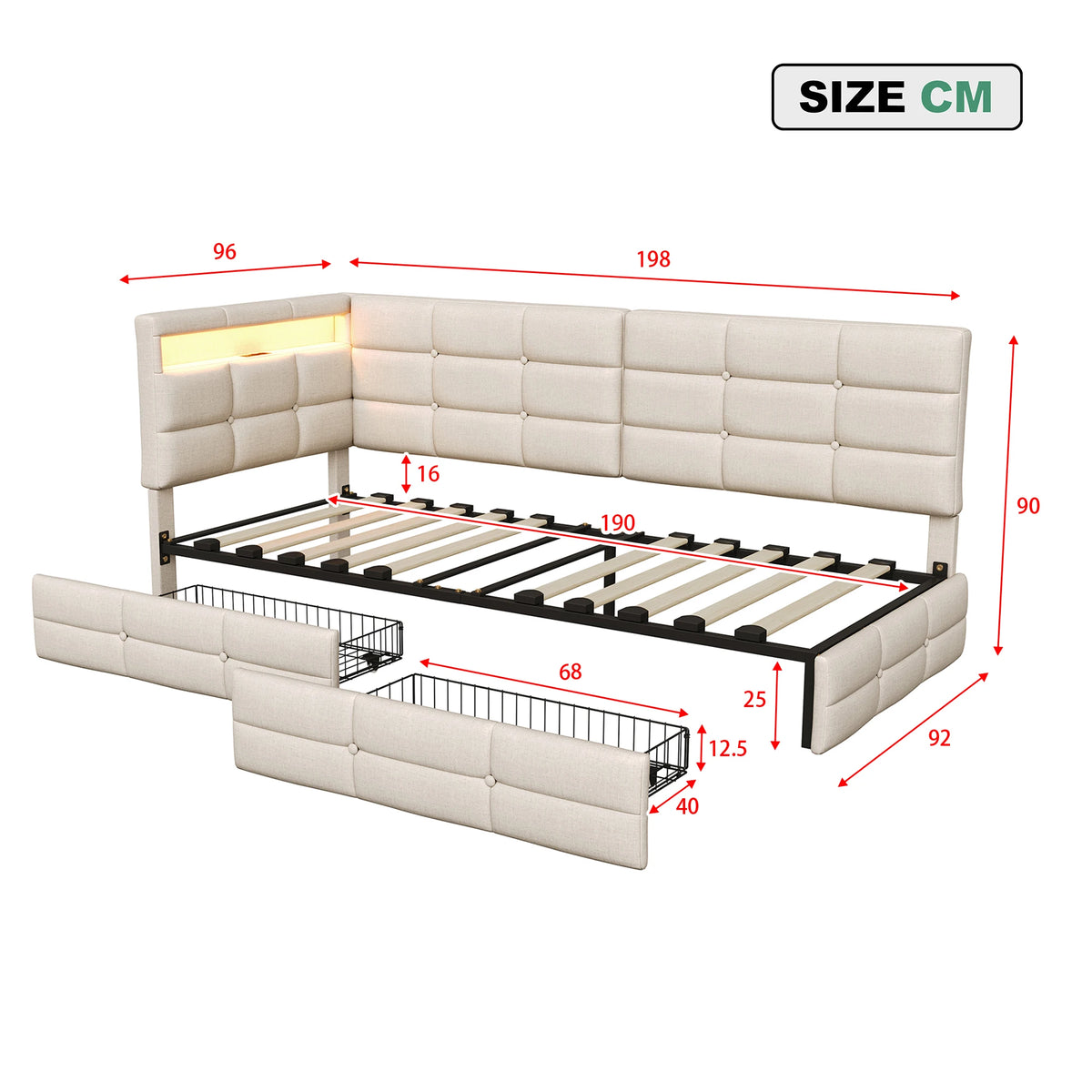 L-Shape Corner Ottoman Bed 90 x 190cm, Daybed with LED Lighting, 2 Storage Drawers & Charging Station, 3ft Upholstered Sofa Bed Frame, Linen, Beige, No Mattress
