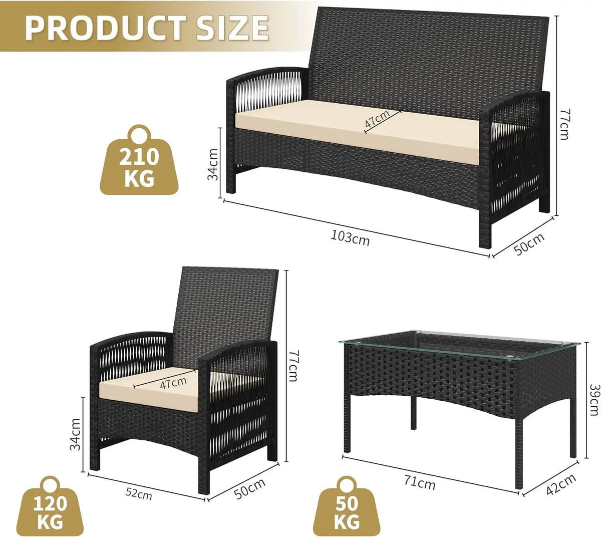 4-Piece Rattan Garden Furniture Set with Loveseat Sofa, Armchairs and Glass Coffee Table