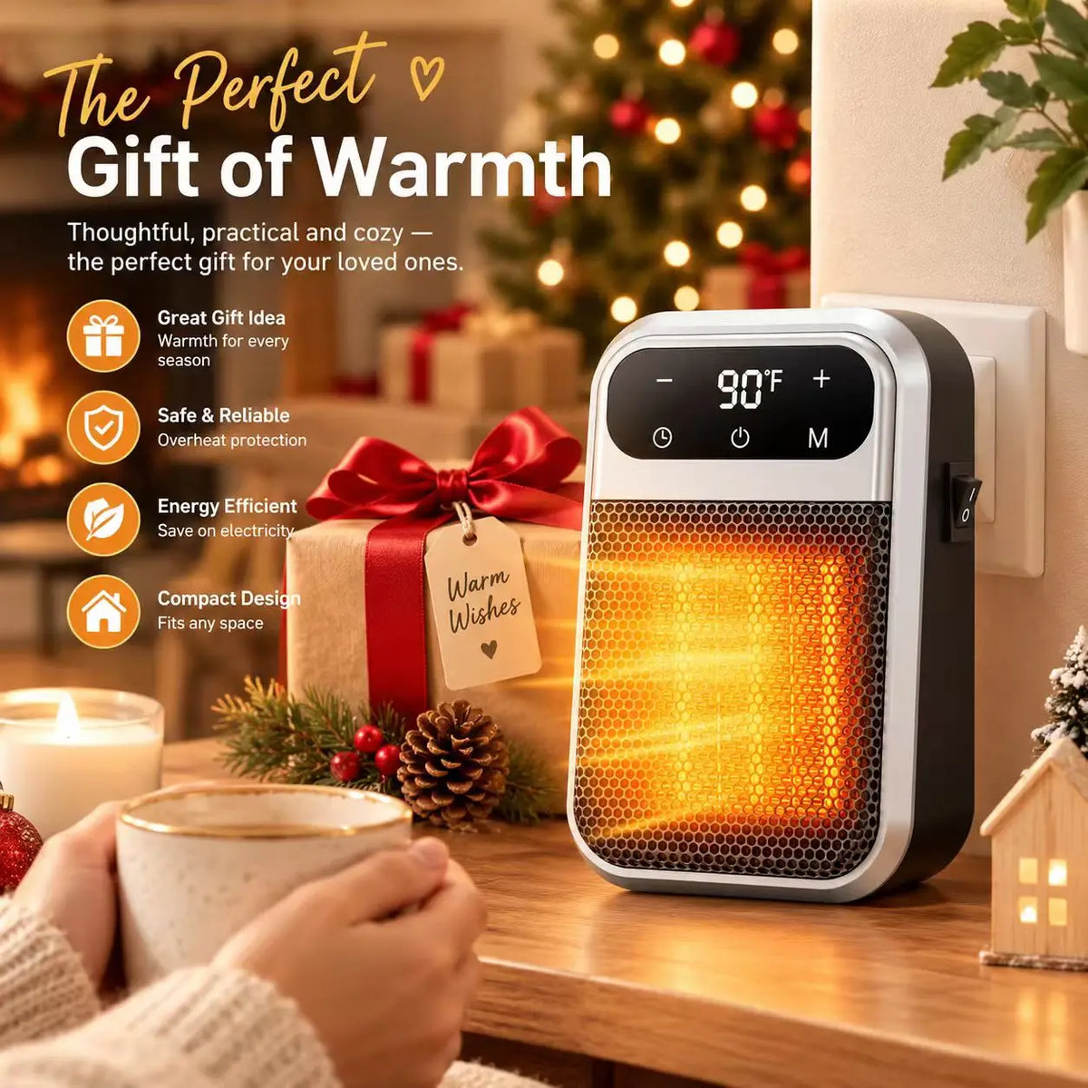 800W Plug-in Ceramic Heater with 12-Hour Timer, Compact Wall Socket Heater