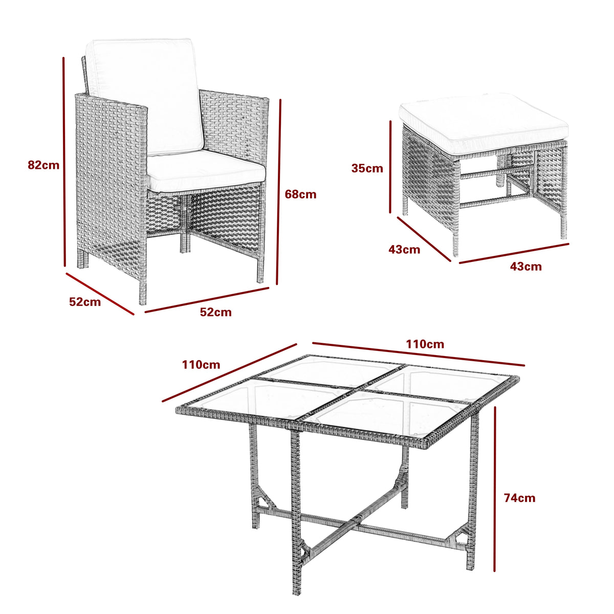 9-Piece Rattan Garden Furniture Set with Glass Table and Cushions - 8 Seater Outdoor Chair and Table Set