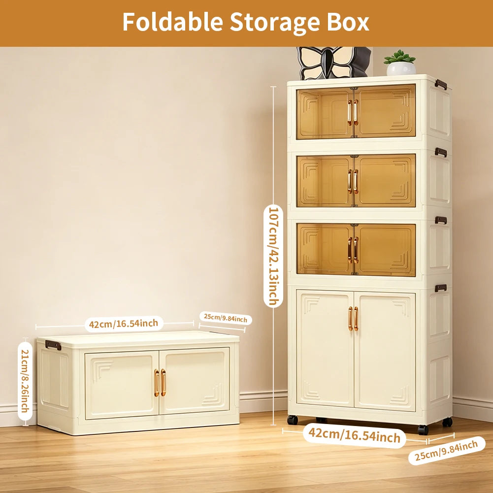 Foldable Plastic Storage Cabinet Stackable Dustproof Wardrobe Organiser with Wheels for Bedroom Closet