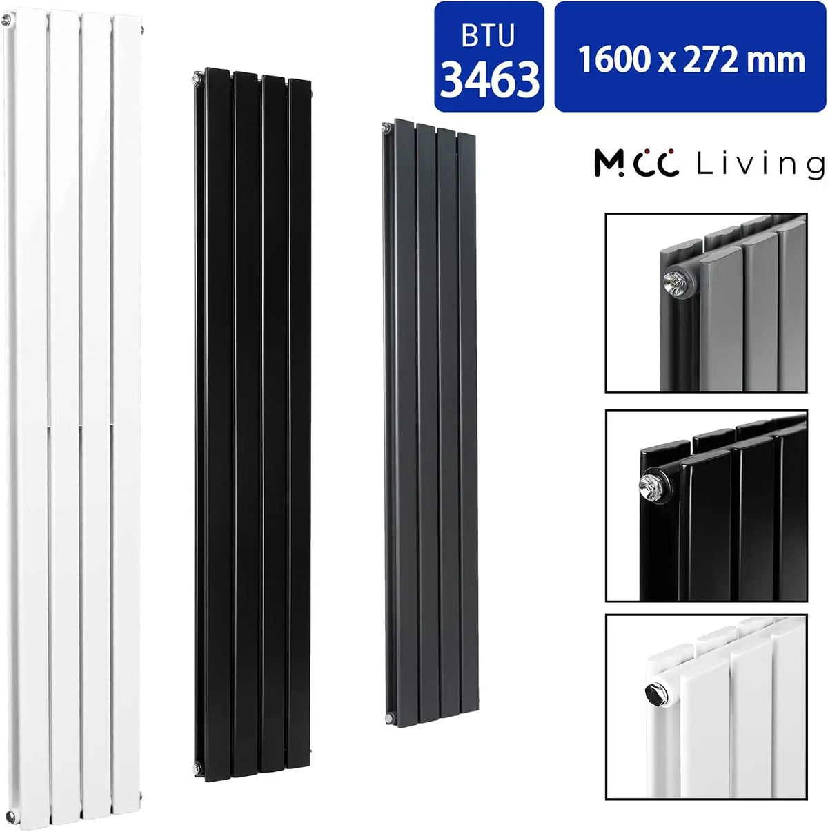 Designer Flat Panel Radiator 1600 x 272mm, Double Panel Vertical Central Heating Radiator