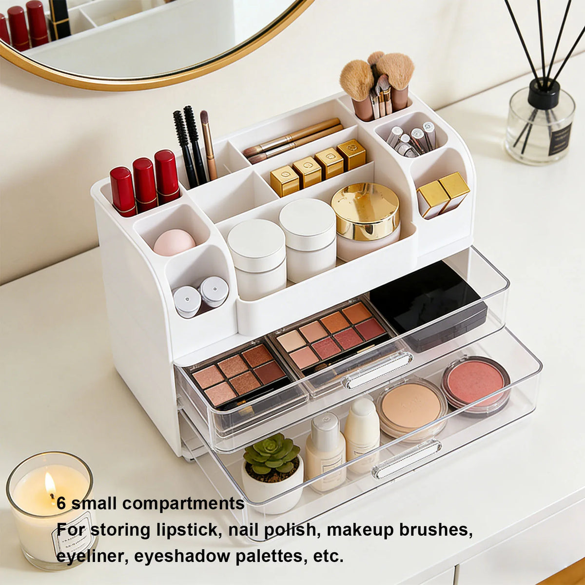 Makeup Organiser with 2 Drawers 34x24x18.5cm Countertop Display Case with 6 Compartments and Brush Holder White