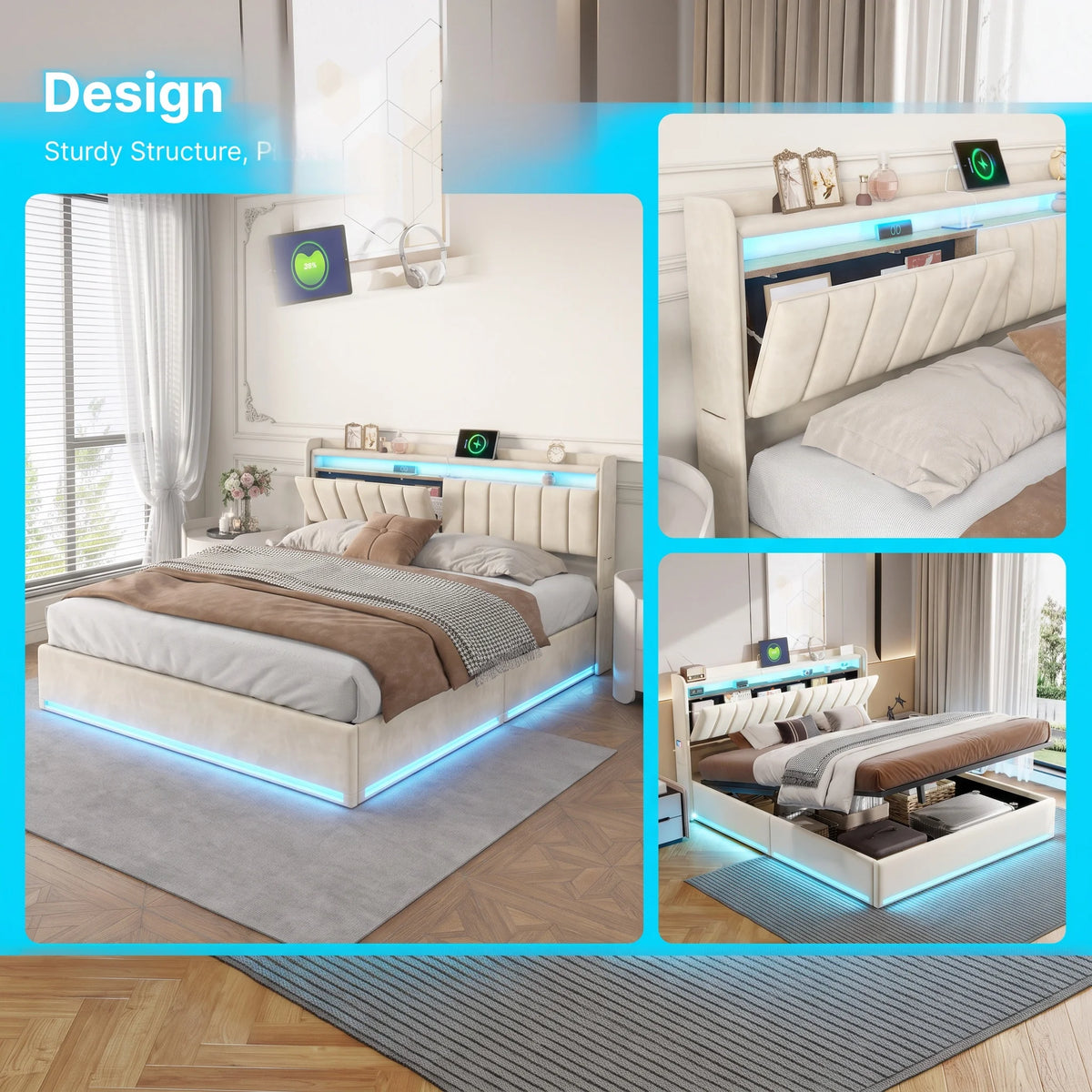 135 x 190cm Double Bed with Velvet Upholstery & Gas-Lift Ottoman Storage, Beige