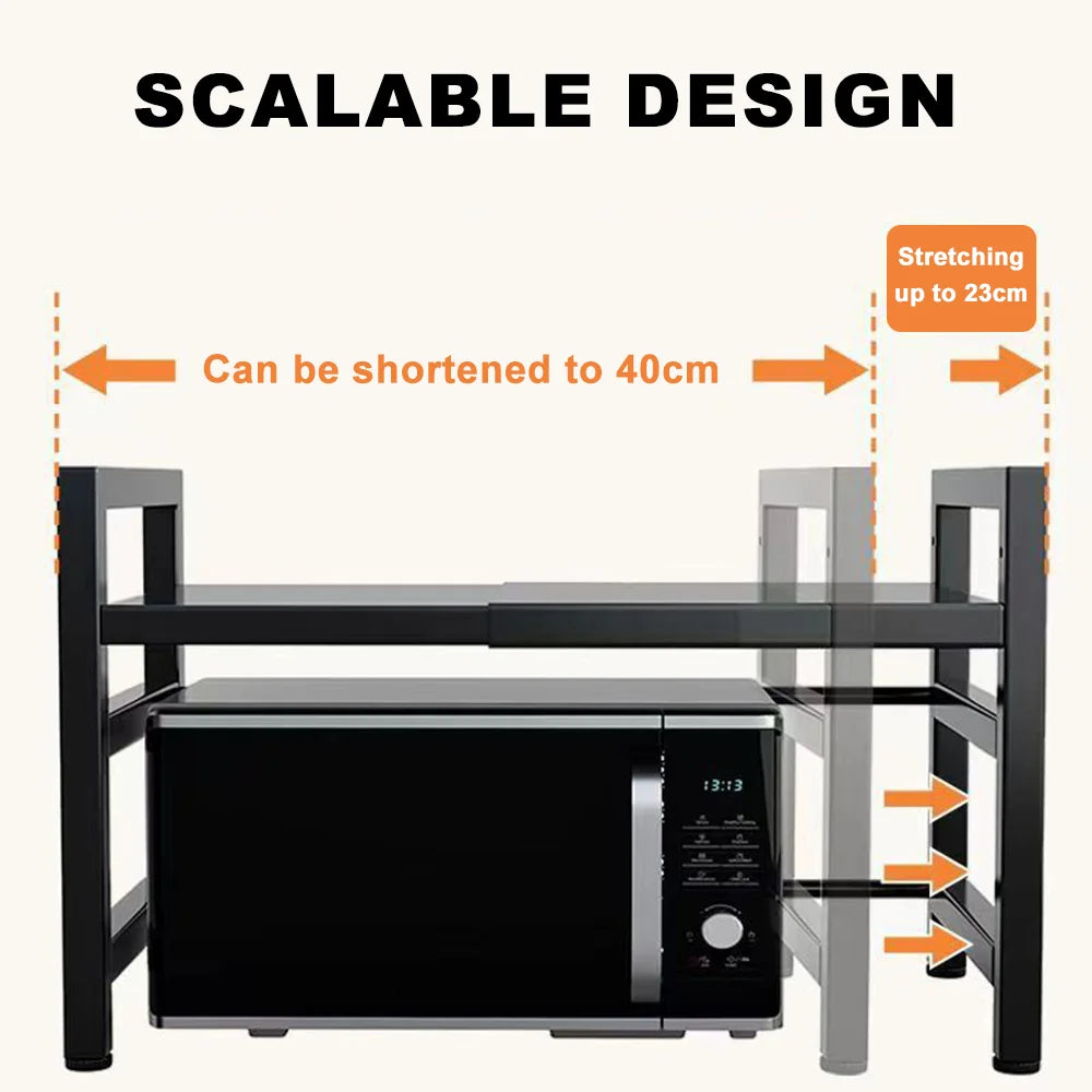 Retractable Carbon Steel Microwave Stand and Kitchen Storage Rack | Countertop Spice and Appliance Shelf