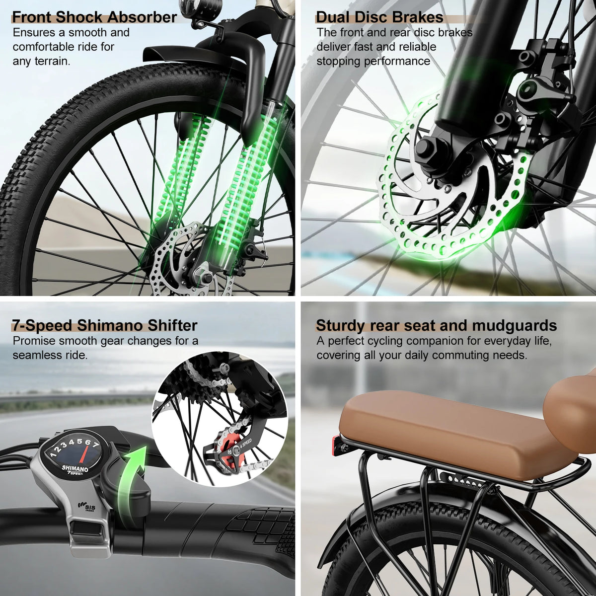 26 Inch Step-Through Electric Bike with 250W Motor, 36V 13Ah Removable Battery, Shimano 7-Speed and NFC Unlock