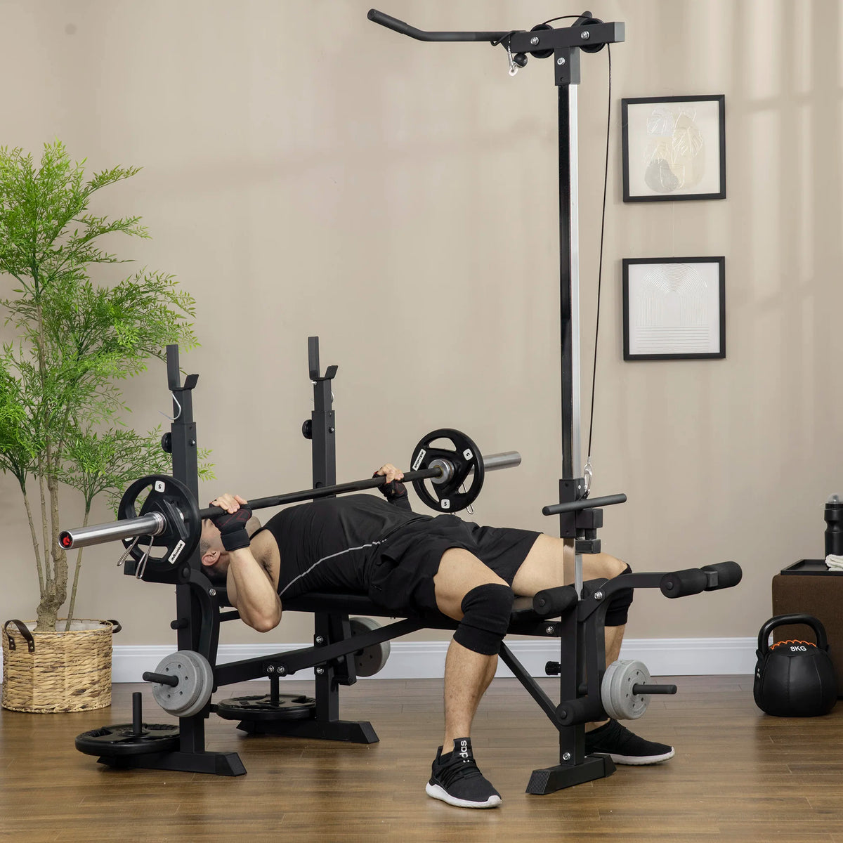 Adjustable Weight Bench with Pulley System and Squat Rack, Multi-Station Home Gym Bench