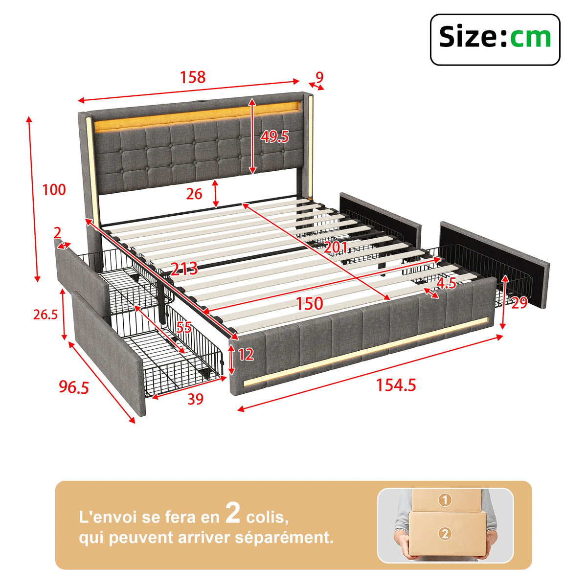 King Size Bed Frame 150x200cm with LED Lighting, 4 Storage Drawers & USB Charging, Dark Grey or Beige