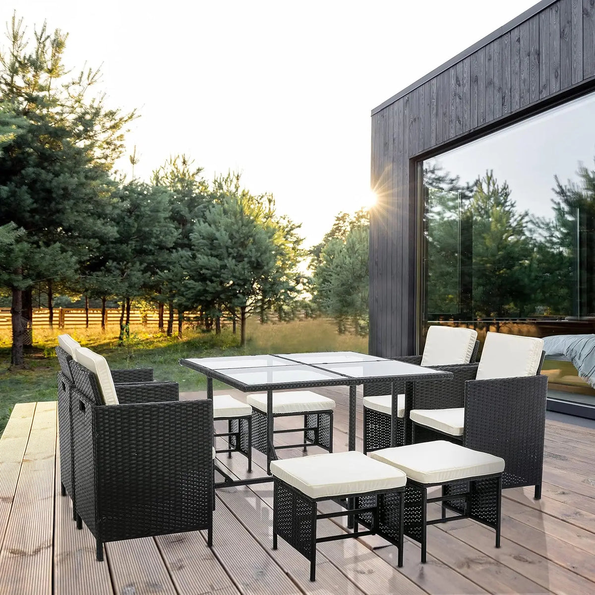 9-Piece Rattan Garden Furniture Set with Glass Table and Cushions - 8 Seater Outdoor Chair and Table Set