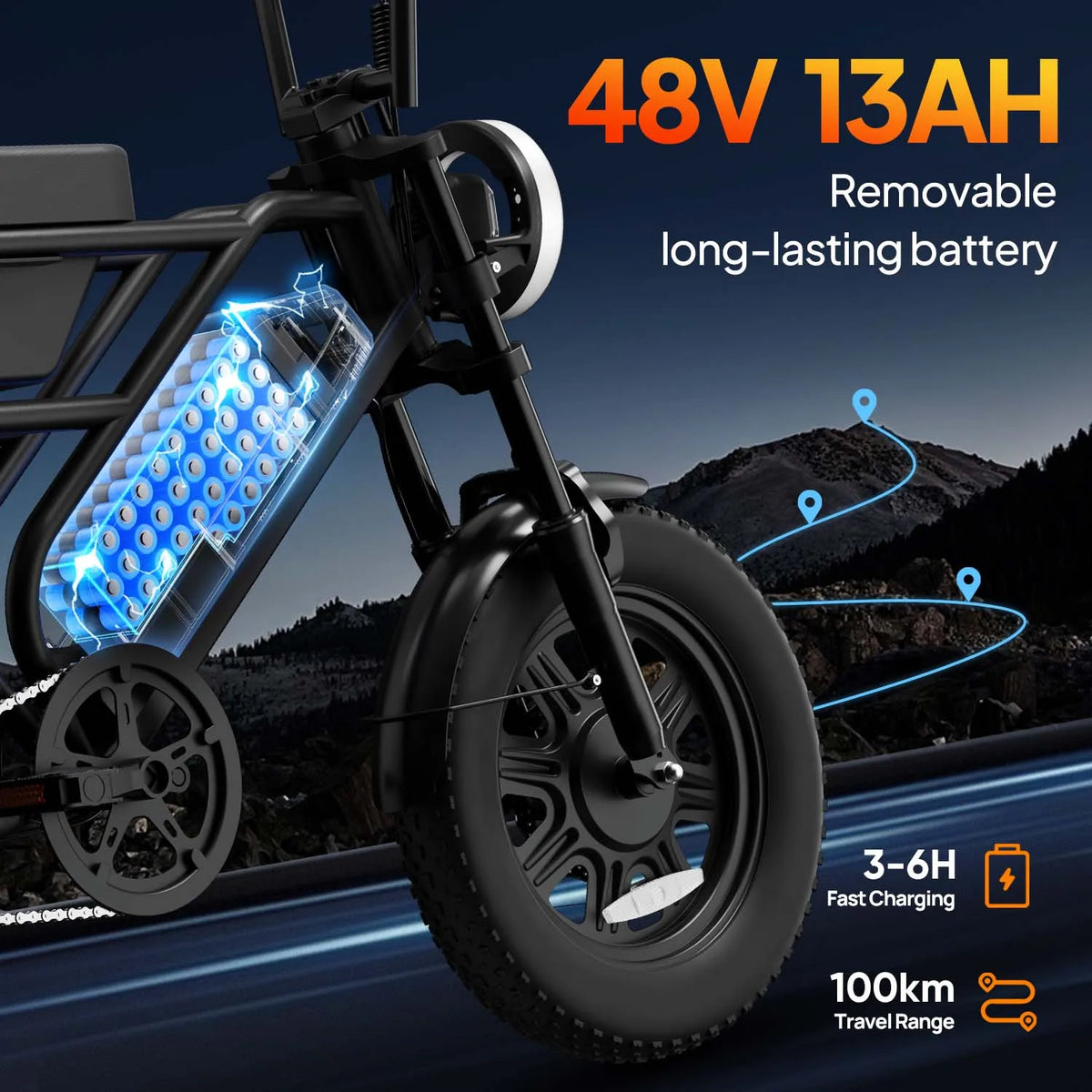 16 x 3.0 Inch Fat Tyre Electric Bike with 48V 13Ah Removable Battery, Full Suspension and Storage Box, 250W