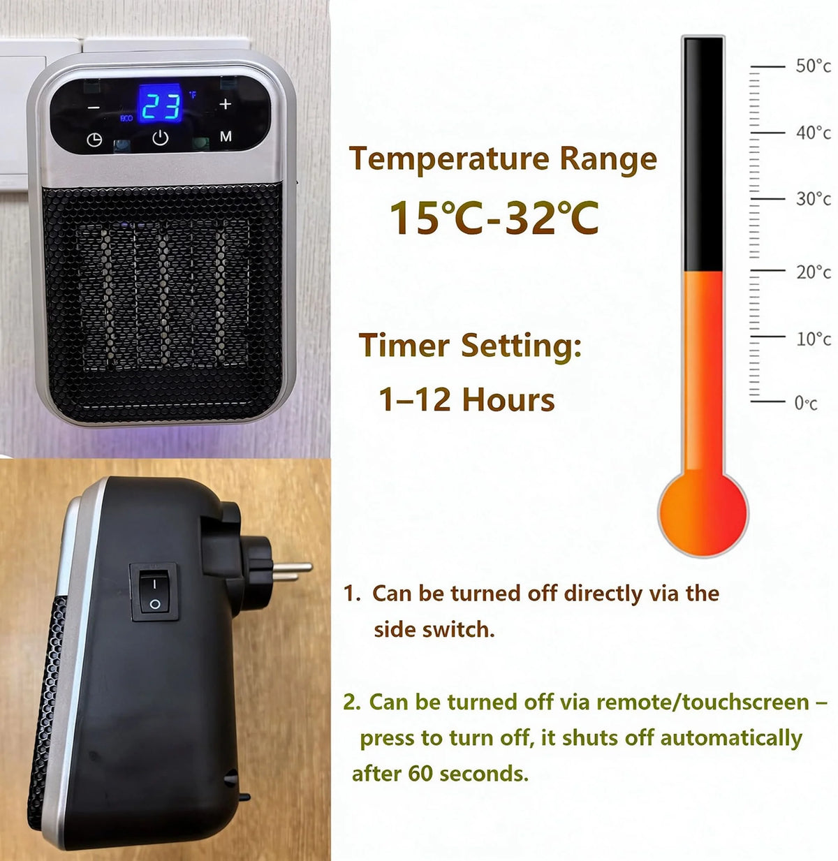 800W Plug-in Ceramic Heater with 12-Hour Timer, Compact Wall Socket Heater