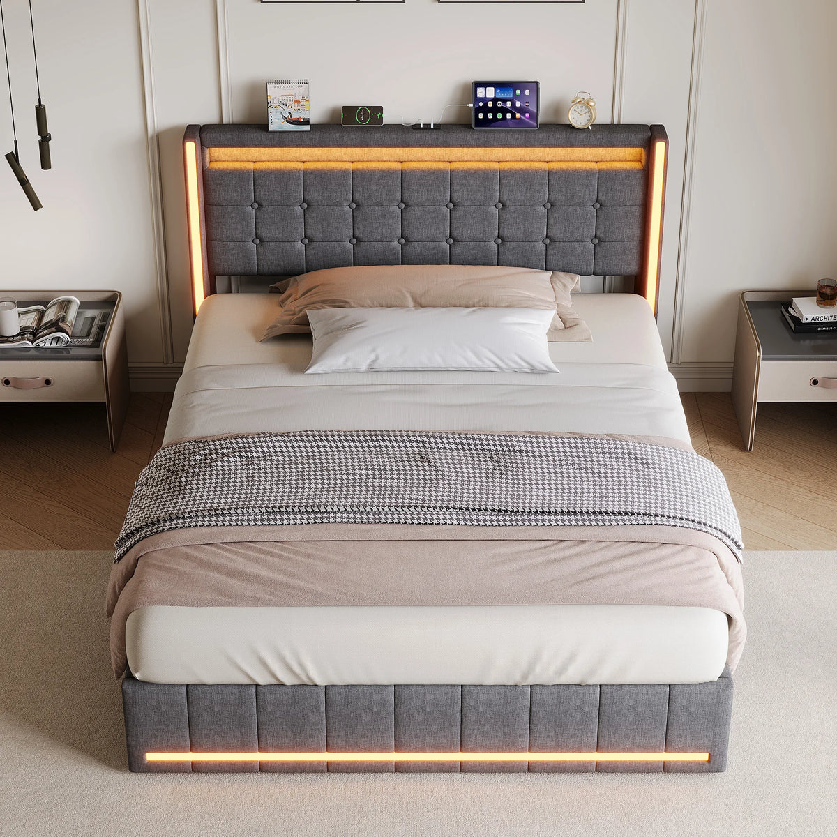 King Size Bed Frame 150x200cm with LED Lighting, 4 Storage Drawers & USB Charging, Dark Grey or Beige