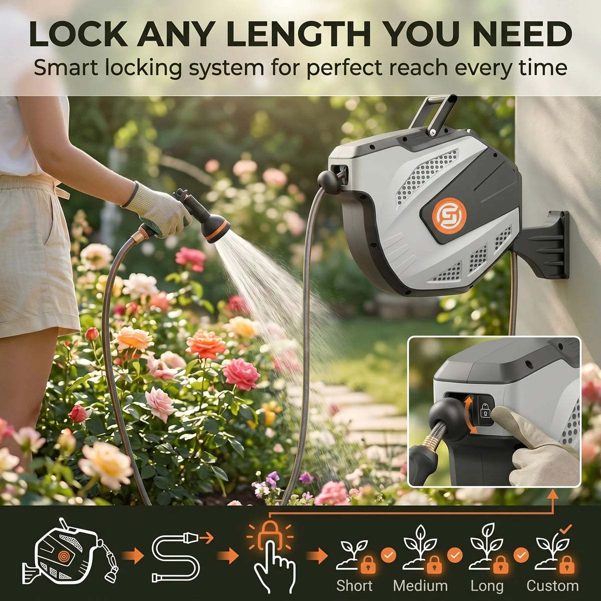 Self Retracting Hose Reel 10-35m Wall Mount Automatic Rewind 10 Function Nozzle 180° Swivel for Garden Car