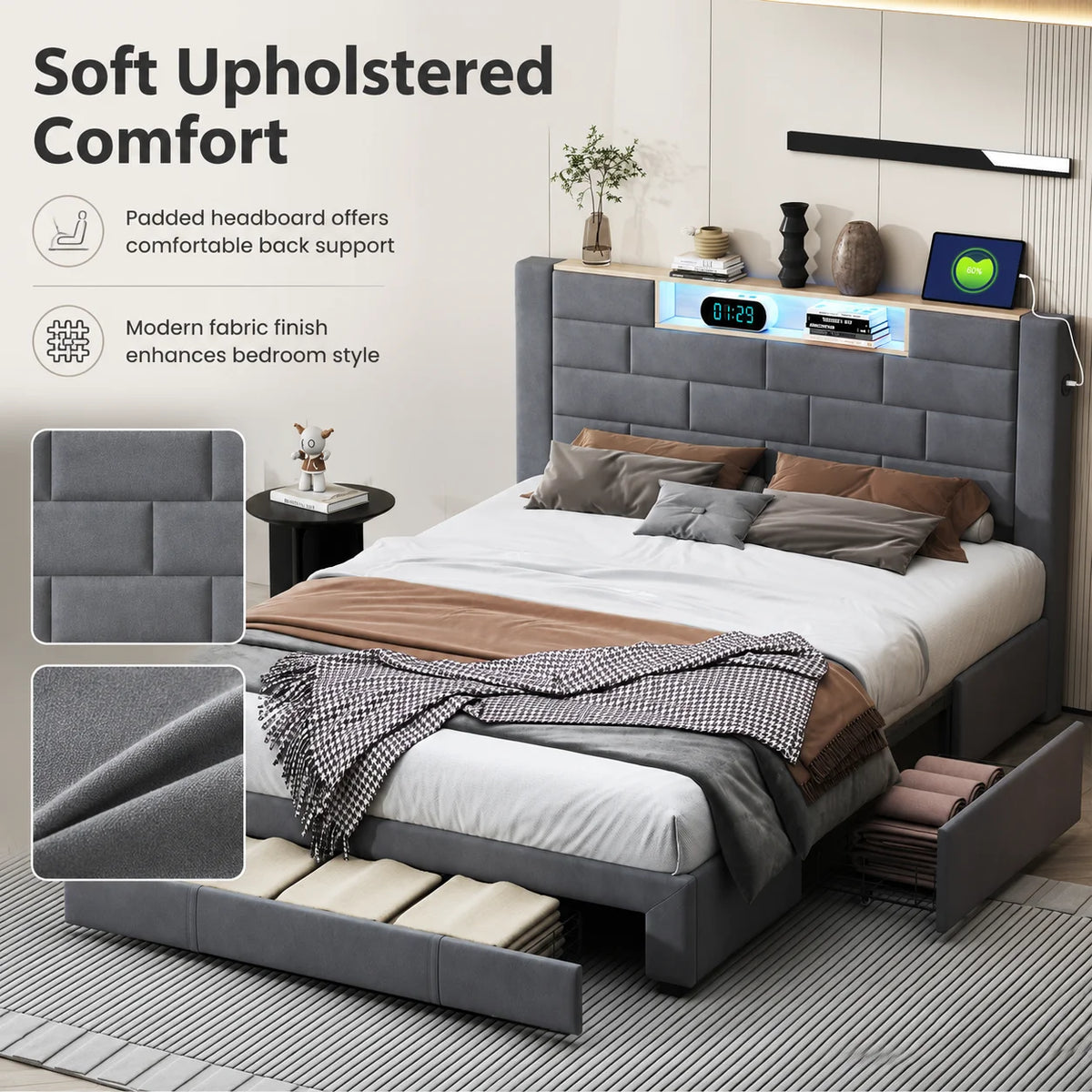 5FT Grey Velvet Ottoman Storage Bed with LED Headboard, USB Charging & 3 Drawers