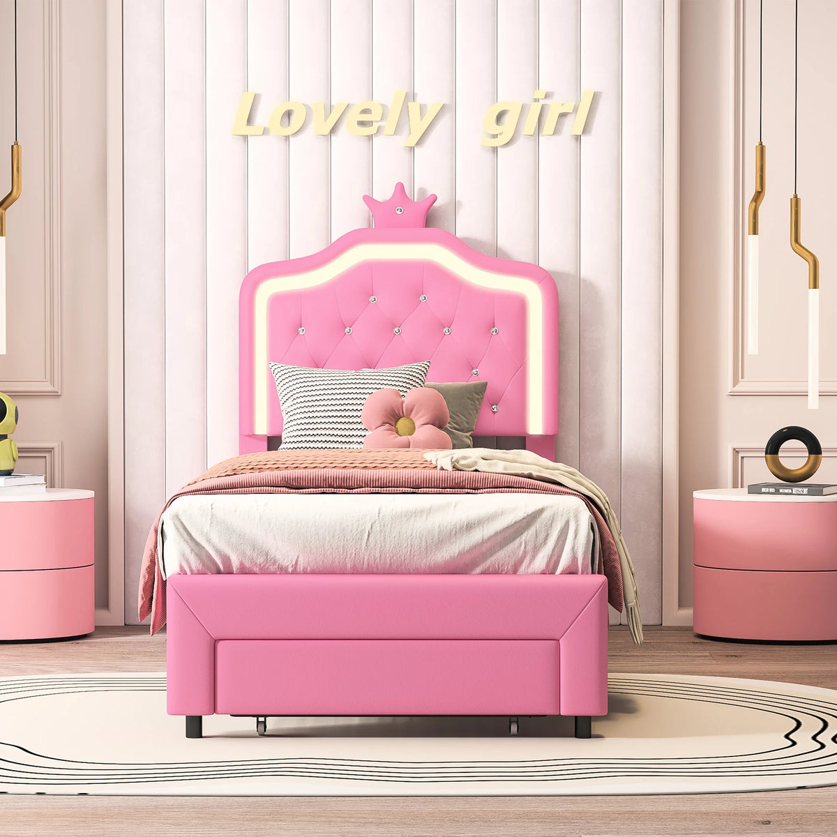 3FT Single Bed Frame 90 x 190cm, Pink PU Upholstered Princess Bed with LED Light, Adjustable Crown Headboard & Storage Drawer, Kids Bedroom, Mattress Not Included