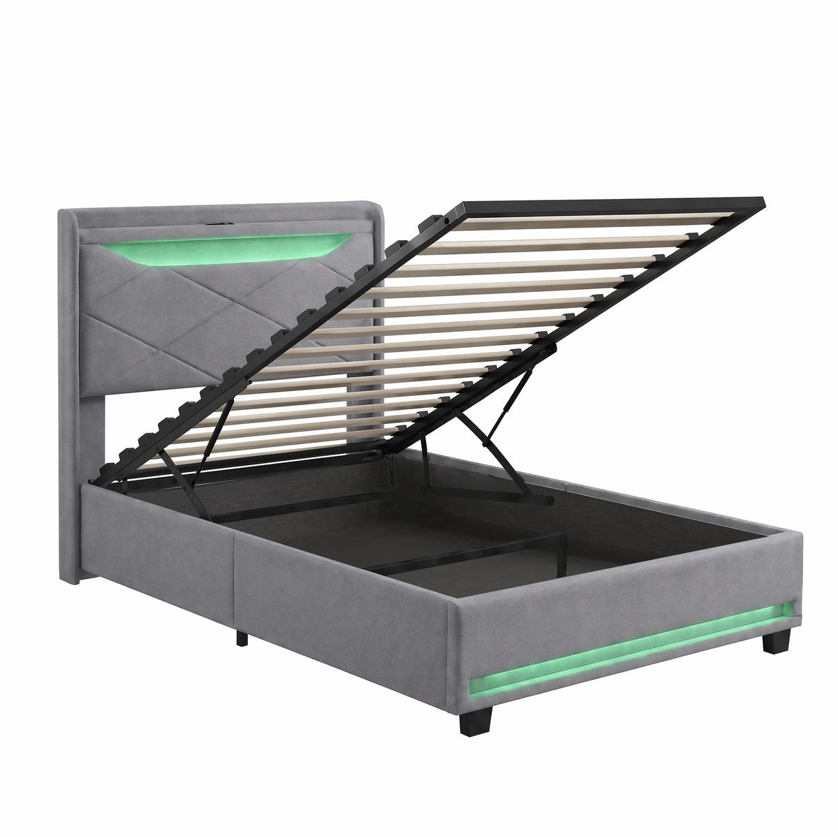 Ottoman Bed Frame with Lift-Up Storage, Grey Linen Upholstered Headboard – Single, Double & King Sizes