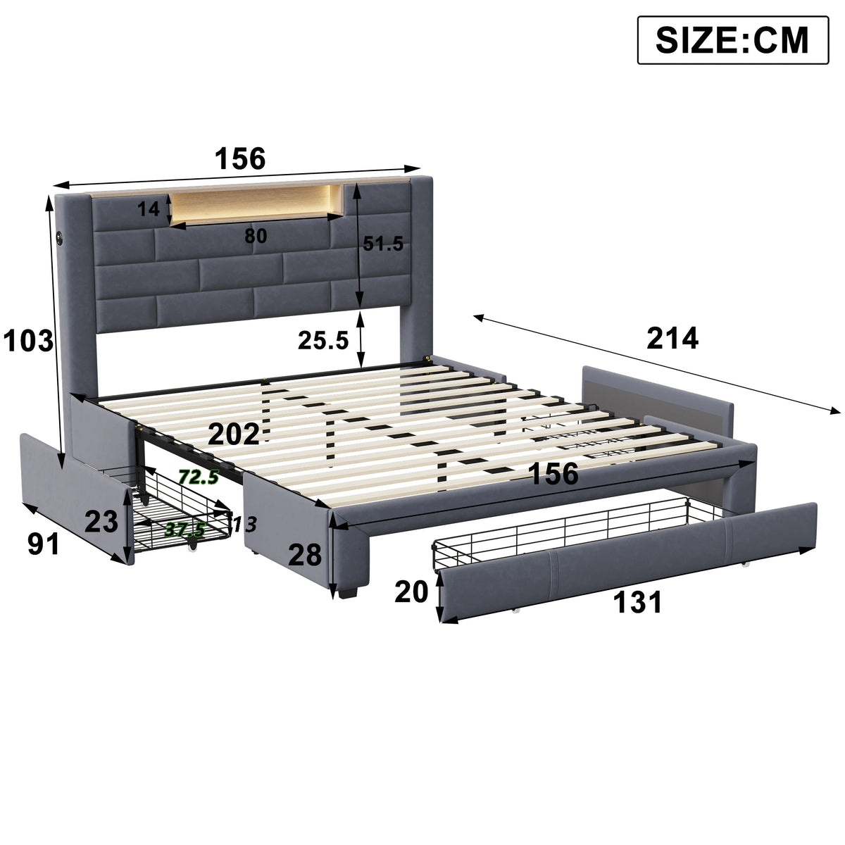 King Size 5ft Bed Frame with 4 Storage Drawers, LED & USB Headboard, Grey Velvet