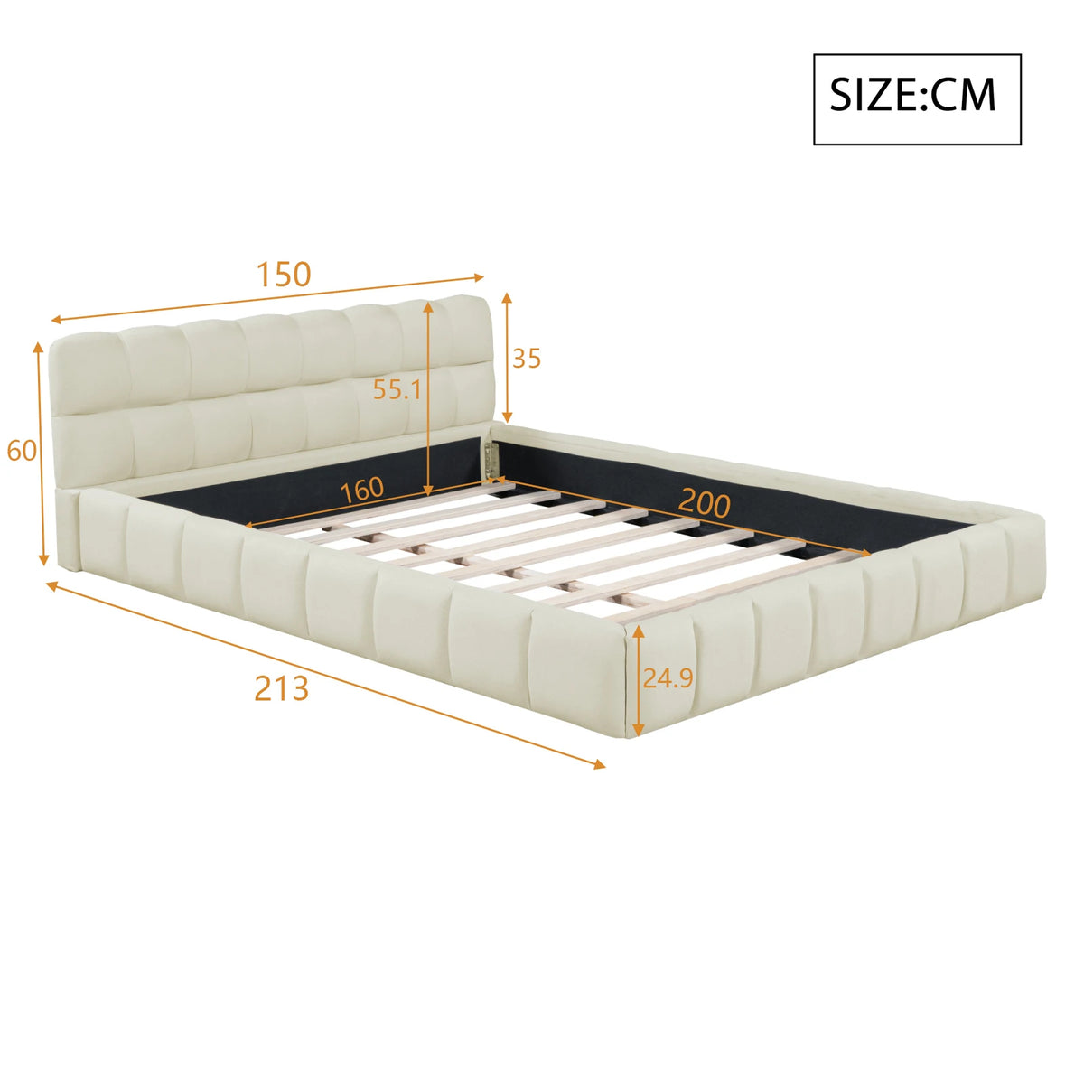 Modern Low Platform Bed Frame with Padded Headboard, Linen Beige – Single, Double & King Sizes