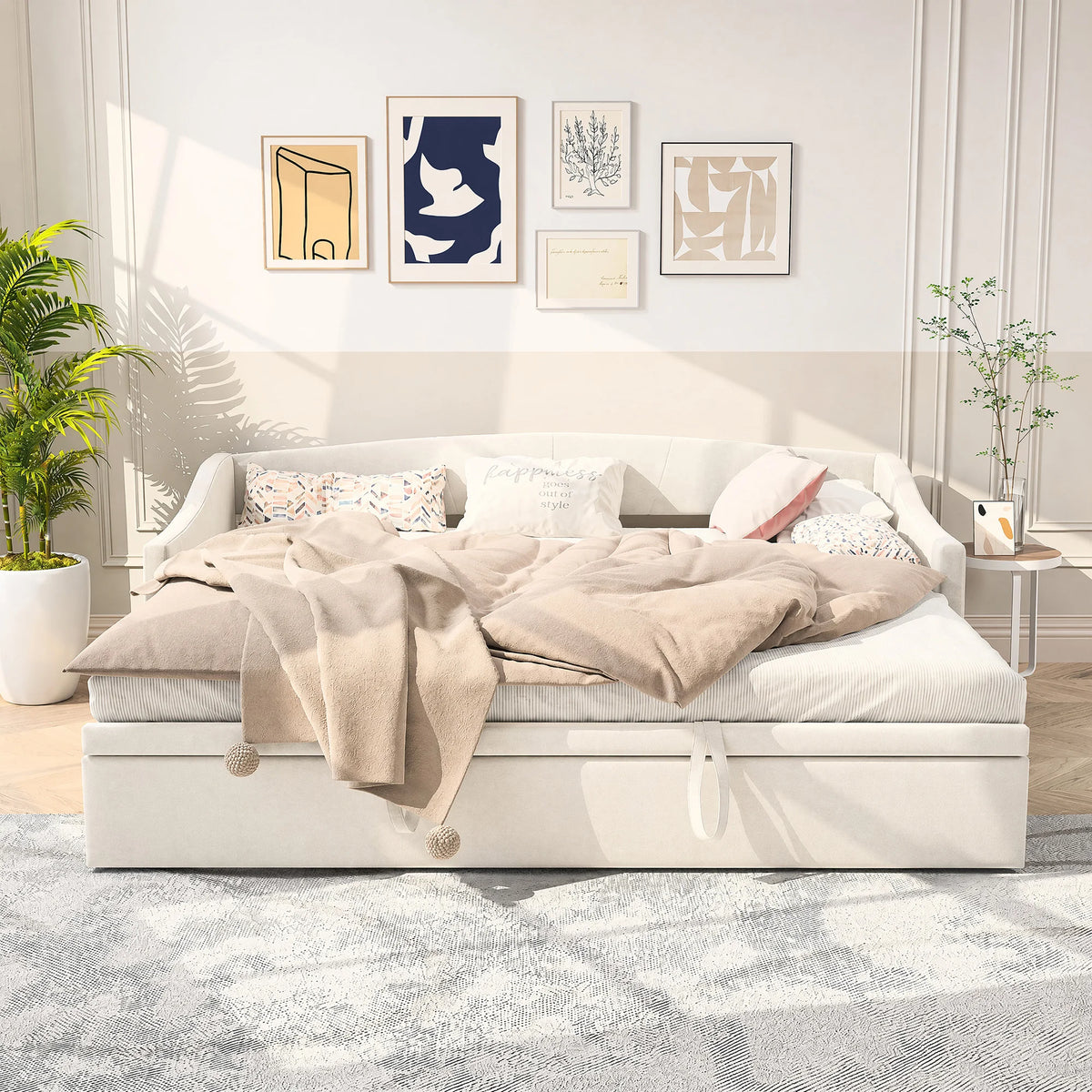 Pull-Out Daybed Sofa Bed 90 x 190cm, Beige Velvet, Guest Bed for Adults & Teens