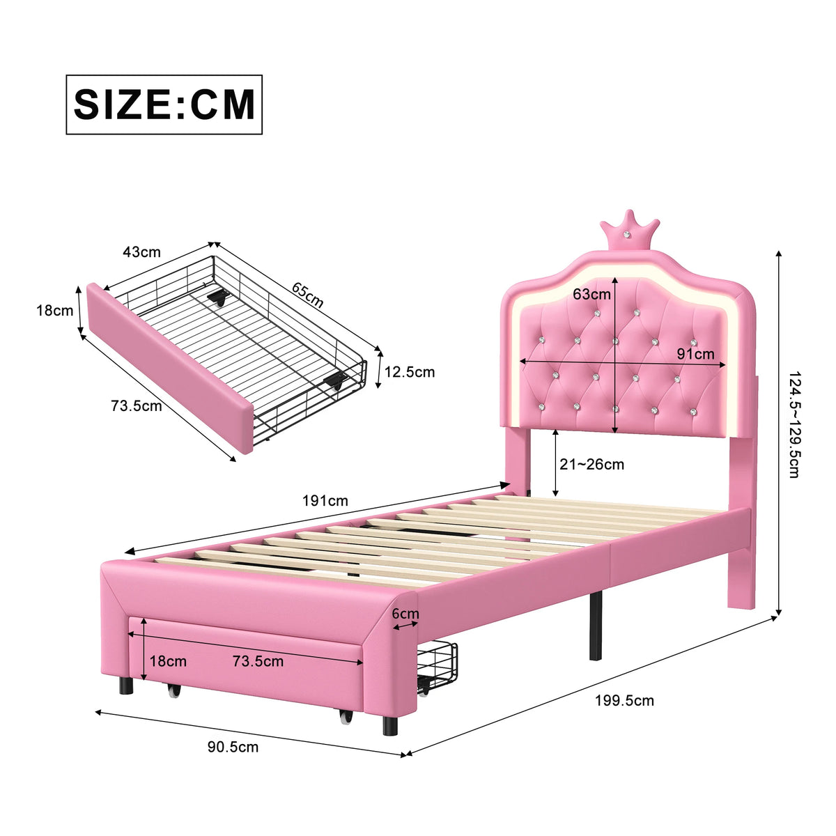 3FT Single Bed Frame 90 x 190cm, Pink PU Upholstered Princess Bed with LED Light, Adjustable Crown Headboard & Storage Drawer, Kids Bedroom, Mattress Not Included