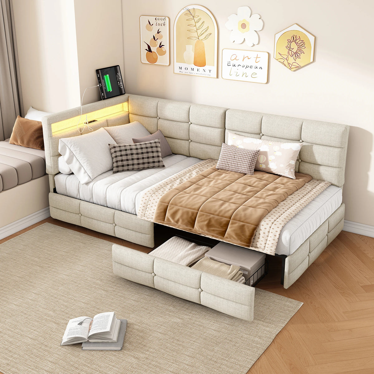 L-Shape Corner Ottoman Bed 90 x 190cm, Daybed with LED Lighting, 2 Storage Drawers & Charging Station, 3ft Upholstered Sofa Bed Frame, Linen, Beige, No Mattress