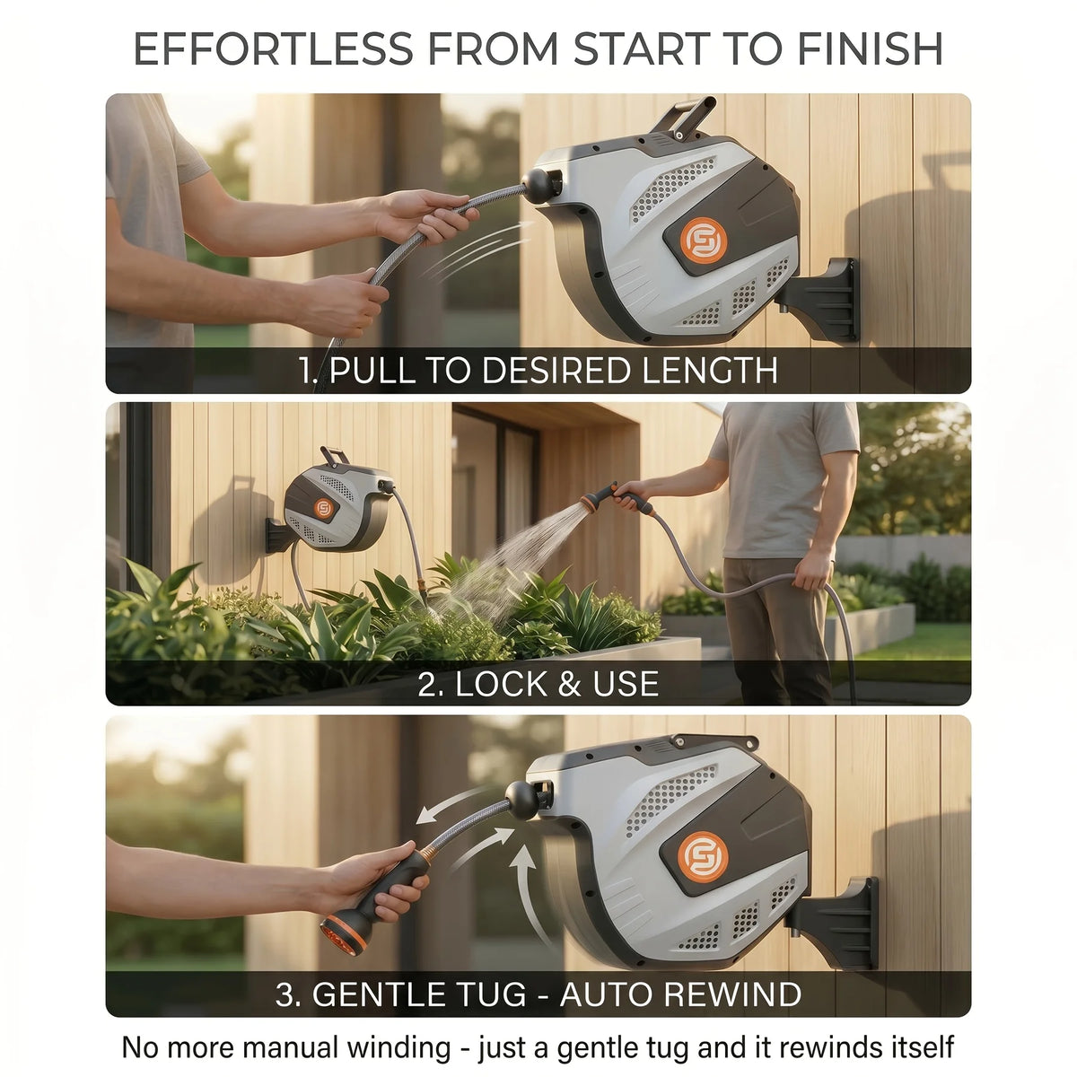 Self Retracting Hose Reel 10-35m Wall Mount Automatic Rewind 10 Function Nozzle 180° Swivel for Garden Car