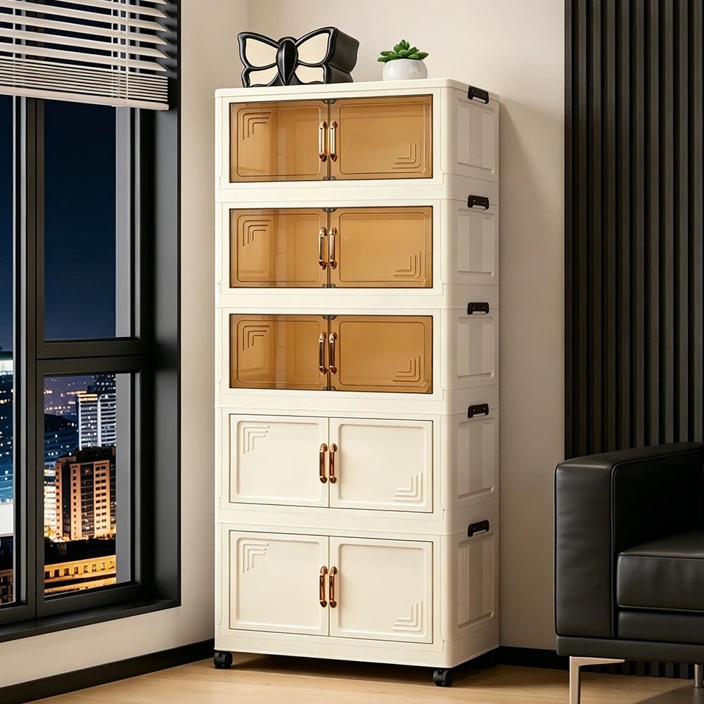 Foldable Plastic Storage Cabinet Stackable Dustproof Wardrobe Organiser with Wheels for Bedroom Closet