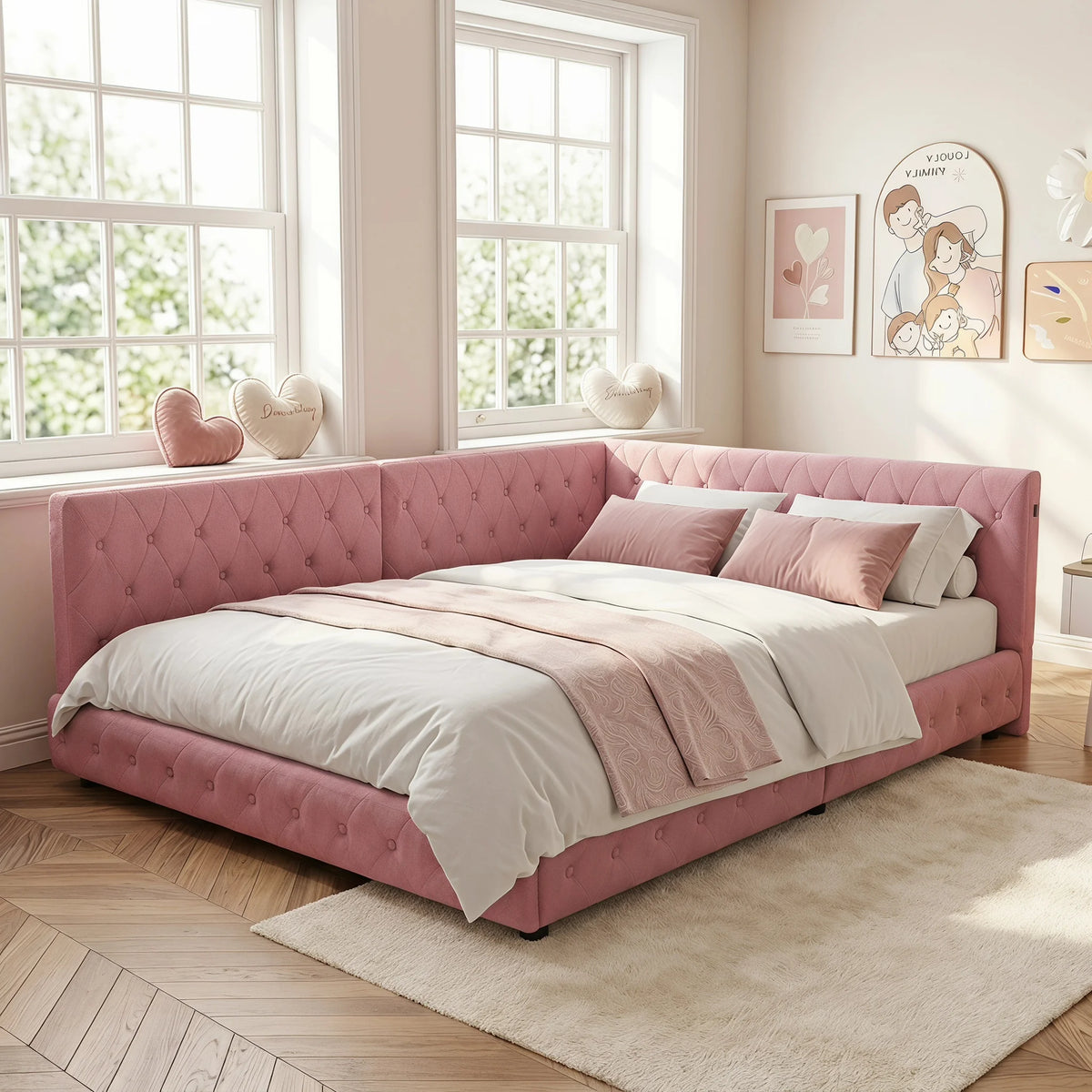 135 x 190cm Upholstered Bed Frame with LED Lighting & USB Charging, Teddy Fleece, Pink or White