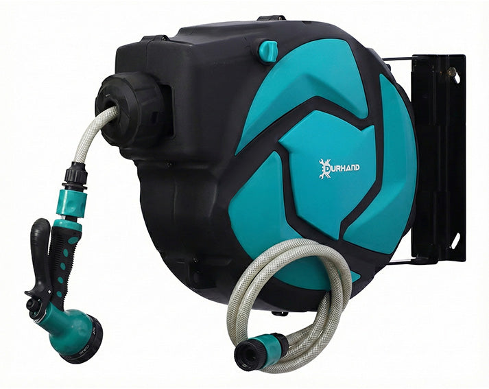 DURHAND 10M Auto-Retract Garden Hose Reel | 7-Pattern Spray Nozzle & Wall Mount Included