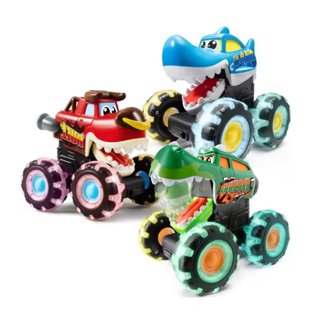 3 Pack Light-Up Monster Truck Toys Push and Go Cars with LED Glowing Wheels Shark Bull and T-Rex for Kids