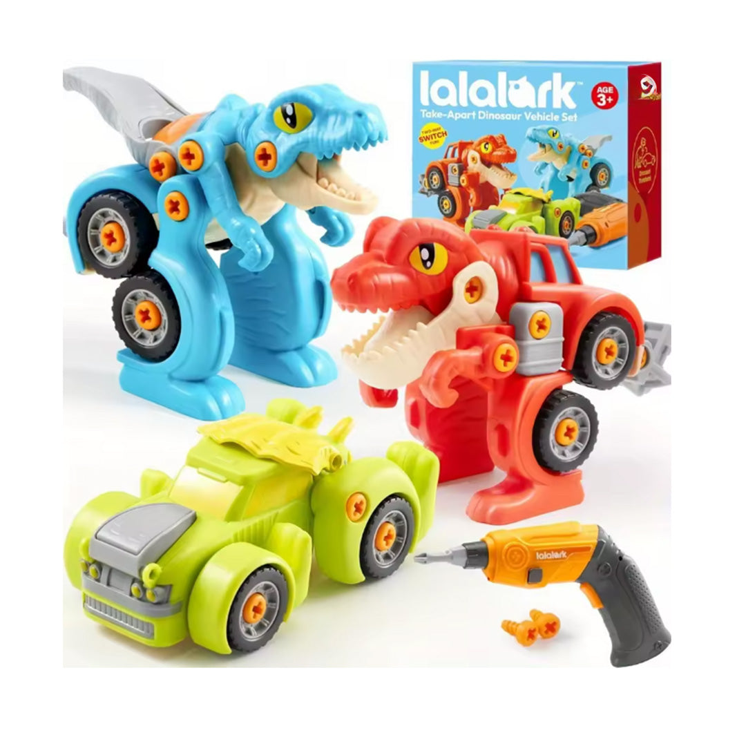 3 Pack Dinosaur Take Apart Toy Cars with Electric Drill T-Rex Raptor and Triceratops Transform Trucks for Kids