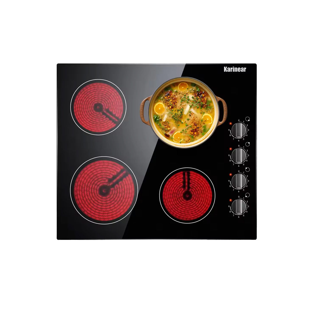 4 Burner Electric Cooktop 6000W Built In Hob with Knob Control Residual Heat Indicator