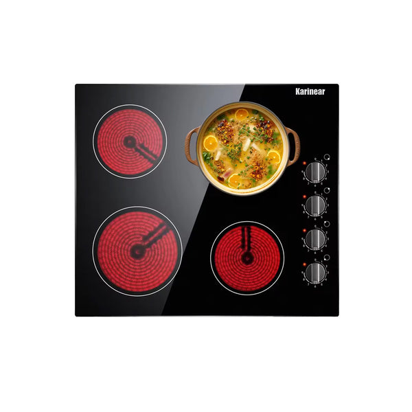 4 Burner Electric Cooktop 6000W Built In Hob with Knob Control Residual Heat Indicator