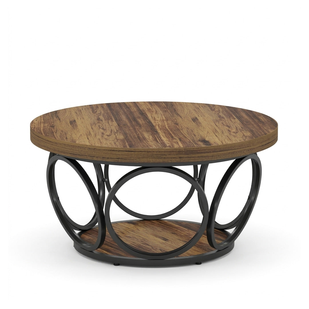 Round Coffee Table 80cm Wooden Center Table with 2 Tier Storage Farmhouse Style