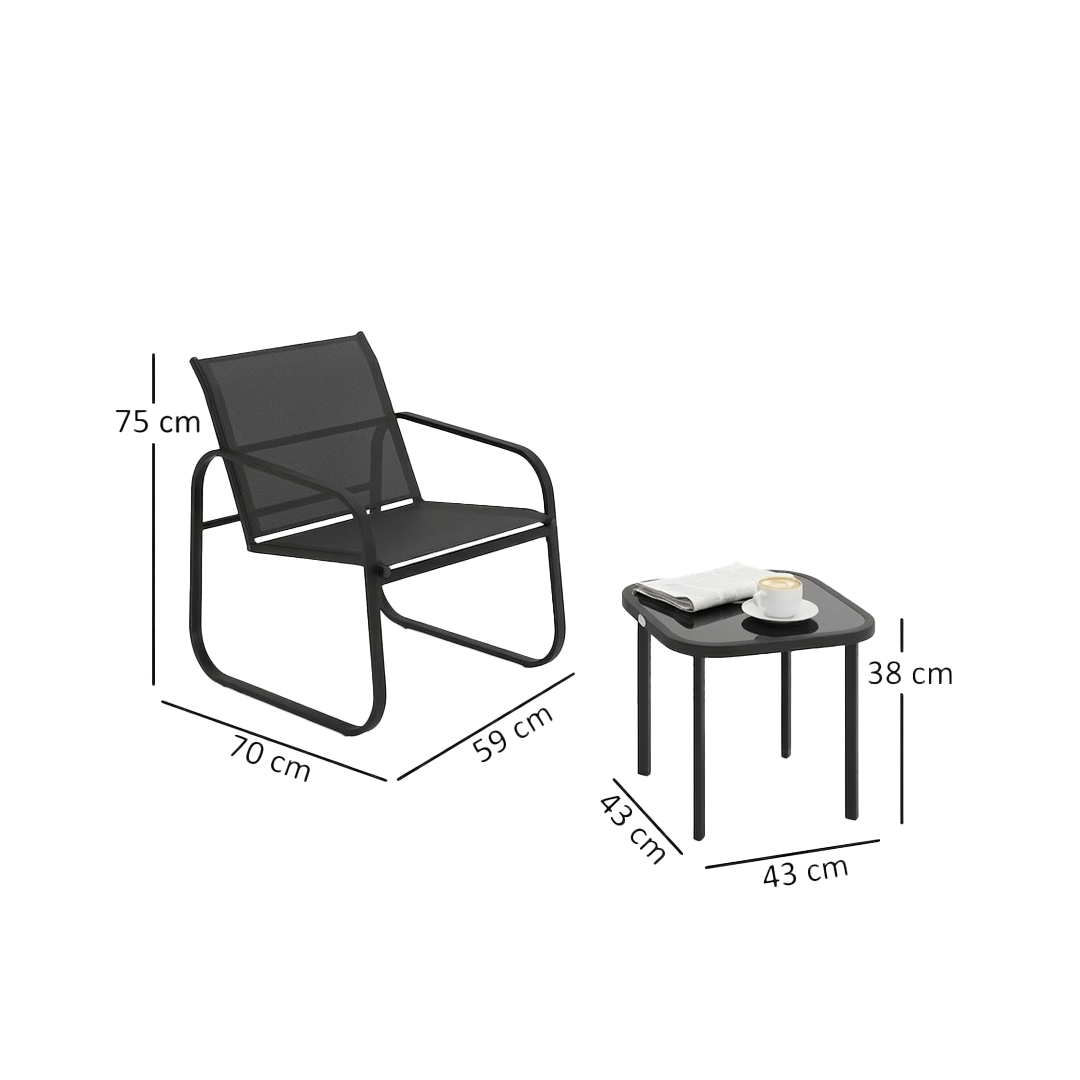 3 Piece Garden Bistro Set Metal Patio Furniture with Mesh Chairs and Glass Table