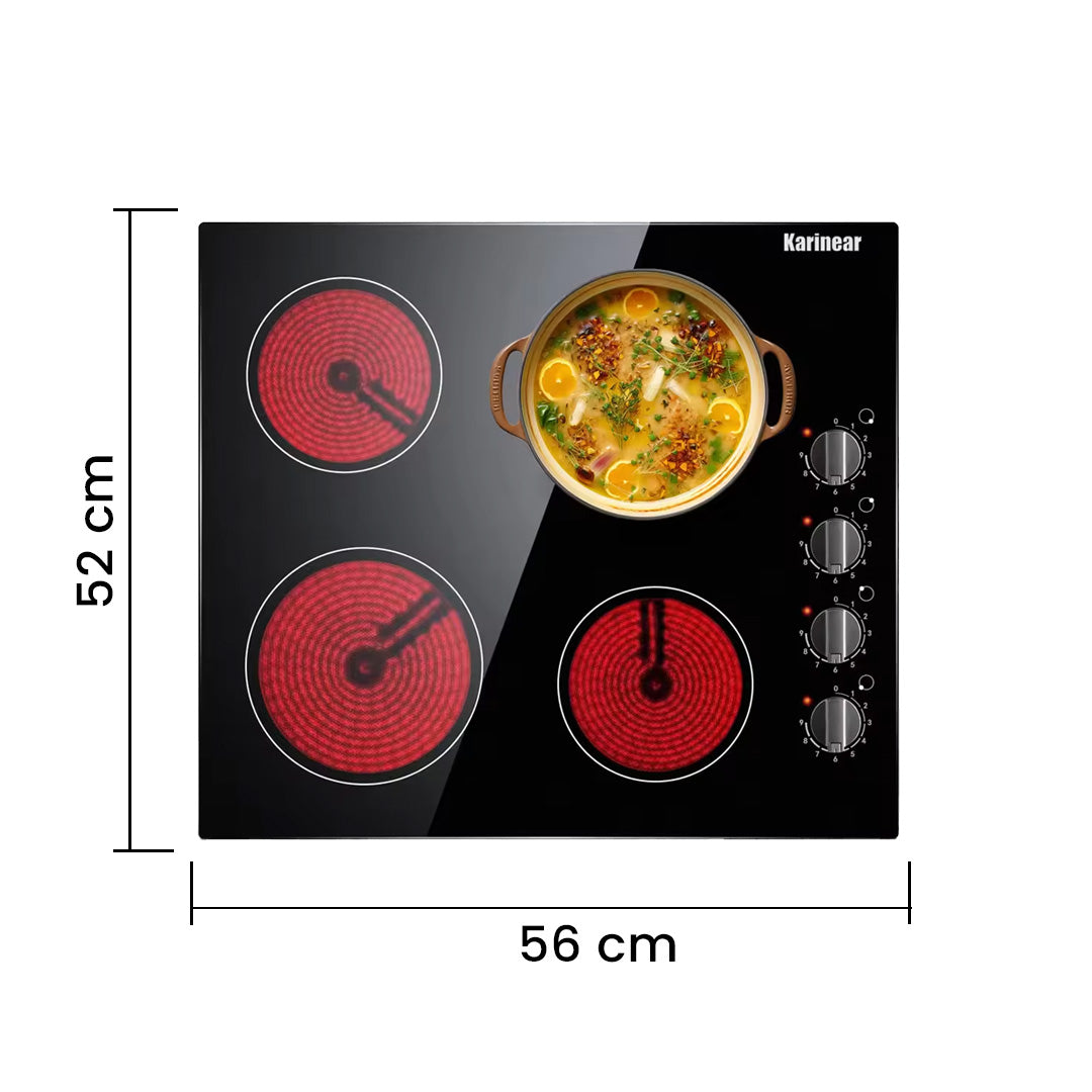 4 Burner Electric Cooktop 6000W Built In Hob with Knob Control Residual Heat Indicator