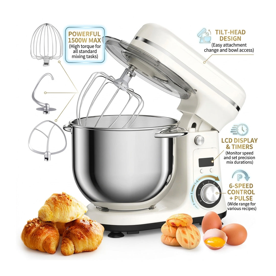 1200W Stand Mixer 6L Kitchen Food Mixer with Dough Hook Whisk 6 Speed Baking Machine